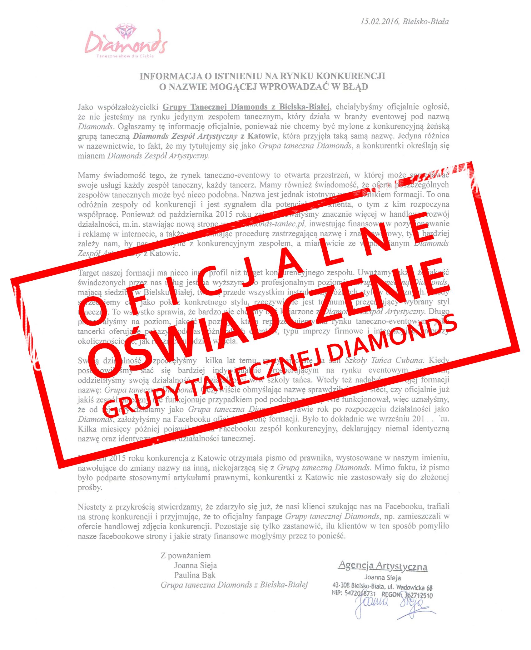 Oświadczenie o istnieniu konkurencji o takiej samej nazwie mogącej wprowadzać w błąd